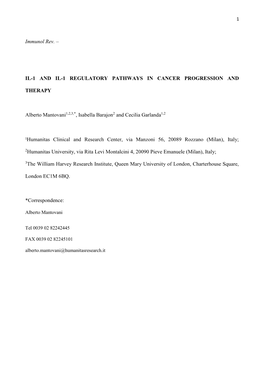 Il-1 and Il-1 Regulatory Pathways in Cancer Progression And