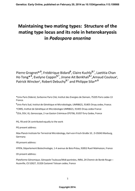 Structure of the Mating Type Locus and Its Role in Heterokaryosis in Podospora Anserina