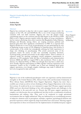 Africa Peace Review, Vol. 16, No1, 2020 Nigeria's Leadership Role in United Nations Peace Support Operations: Challenges and P