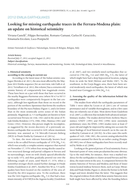 Looking for Missing Earthquake Traces in the Ferrara-Modena Plain: an Update on Historical Seismicity Viviana Castelli*, Filippo Bernardini, Romano Camassi, Carlos H