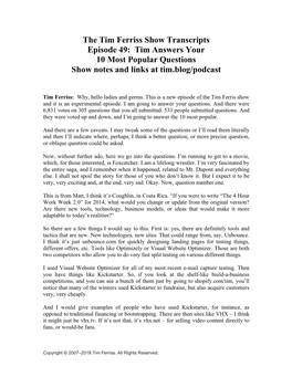 49: Tim Answers Your 10 Most Popular Questions Show Notes and Links at Tim.Blog/Podcast