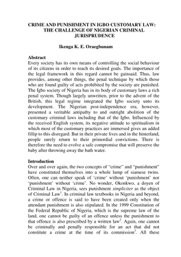 Crime and Punishment in Igbo Customary Law: the Challenge of Nigerian Criminal Jurisprudence