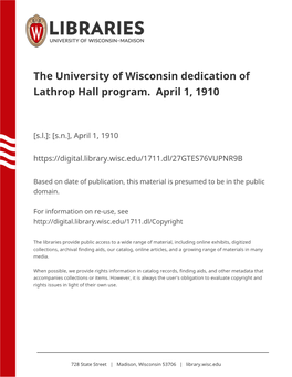 The University of Wisconsin Dedication of Lathrop Hall Program