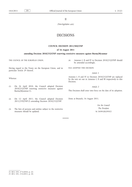Council Decision 2011/504/CFSP of 16 August 2011Amending Decision