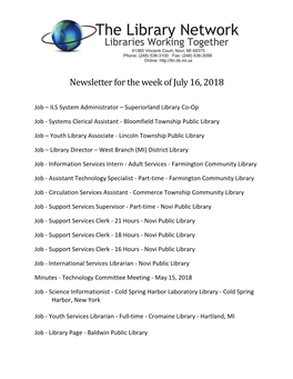 Newsletter for the Week of July 16, 2018