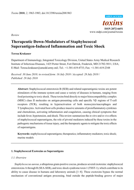 Therapeutic Down-Modulators of Staphylococcal Superantigen-Induced Inflammation and Toxic Shock