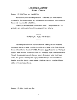 LESSON CLUSTER 1 States of Water