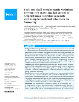 Body and Skull Morphometric Variations Between Two Shovel-Headed Species of Amphisbaenia (Reptilia: Squamata) with Morphofunctional Inferences on Burrowing