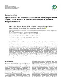 Synovial Fluid Cell Proteomic Analysis Identifies Upregulation of Alpha-Taxilin Proteins in Rheumatoid Arthritis: a Potential Prognostic Marker