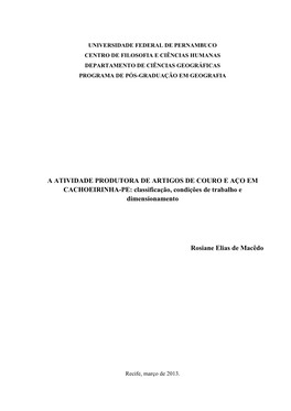 A ATIVIDADE PRODUTORA DE ARTIGOS DE COURO E AÇO EM CACHOEIRINHA-PE: Classificação, Condições De Trabalho E Dimensionamento