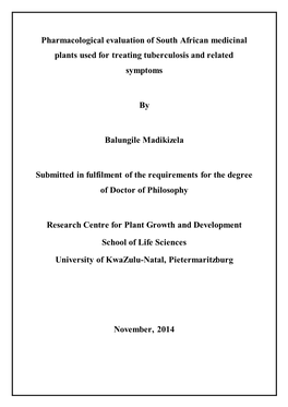 Pharmacological Evaluation of South African Medicinal Plants Used for Treating Tuberculosis and Related Symptoms