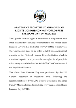 Statement from the Uganda Human Rights Commission on World Press Freedom Day, 3Rd May, 2020