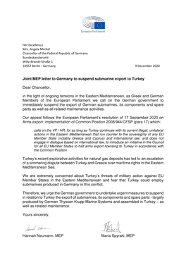 Joint MEP Letter to Germany to Suspend Submarine Export to Turkey