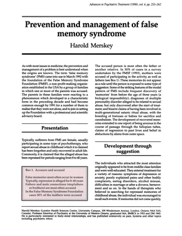 Prevention and Management of False Memory Syndrome Harold Merskey