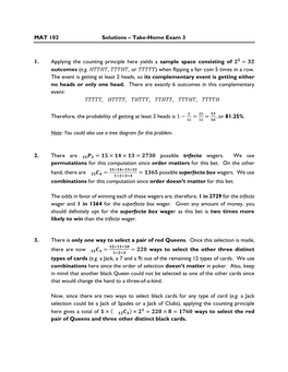 MAT 102 Solutions – Take-Home Exam 3 1. Applying the Counting Principle Here Yields a Sample Space Consisting Of