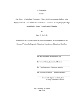 A Dissertation Entitled Oral History of School and Community Culture Of