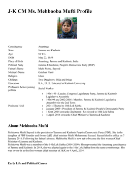 J-K CM Ms. Mehbooba Mufti Profile