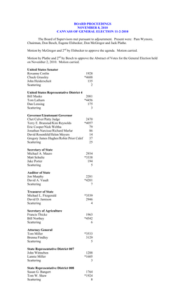 BOARD PROCEEDINGS NOVEMBER 8, 2010 CANVASS of GENERAL ELECTION 11-2-2010 the Board of Supervisors Met Pursuant to Adjournment