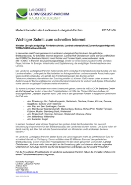 Landkreis Ludwigslust-Parchim Kann Der Geförderte Breitbandausbau Für Schnelles Internet Beginnen