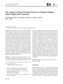 The Analysis of Potato Farming Systems in Chencha, Ethiopia: Input, Output and Constraints