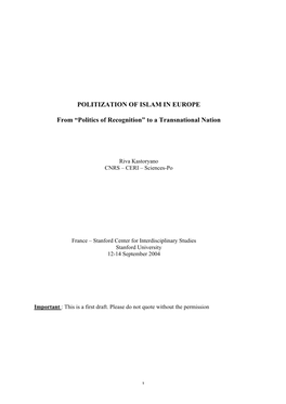 POLITIZATION of ISLAM in EUROPE from “Politics of Recognition” to a Transnational Nation