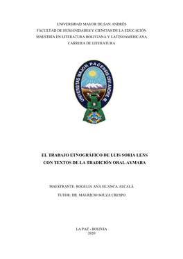 El Trabajo Etnográfico De Luis Soria Lens Con Textos De La Tradición Oral Aymara