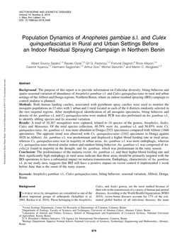 Population Dynamics of Anopheles Gambiae S.L. and Culex Quinquefasciatus in Rural and Urban Settings Before an Indoor Residual Spraying Campaign in Northern Benin