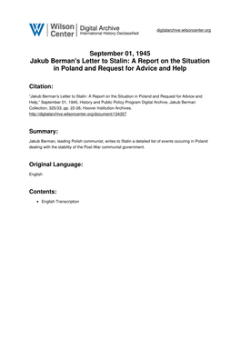 September 01, 1945 Jakub Berman's Letter to Stalin: a Report on the Situation in Poland and Request for Advice and Help