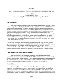 NV-1 NEVADA 2009: RECESSION, BUDGET CRISIS and the POLITICAL BUDGET BATTLE Robert P. Morin Western Nevada College Great Basin P