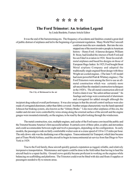 Ford Trimotor: an Aviation Legend by Linda Burdette, Feature Article Editor