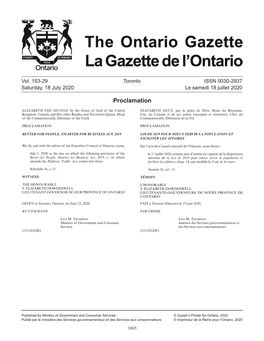 The Ontario Gazette, Vol. 153-29, July 18, 2020