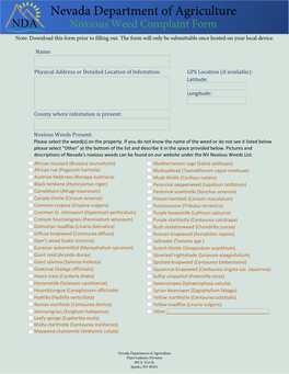 Nevada Department of Agriculture Noxious Weed Complaint Form Note: Download This Form Prior to Filling Out