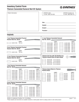 Inventory Control Form Titanium Cannulated Humeral Nail-EX System