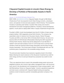 I Squared Capital Invests in Lincoln Clean Energy to Develop a Portfolio of Renewable Assets in North America