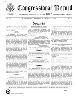 Congressional Record United States of America PROCEEDINGS and DEBATES of the 107Th CONGRESS, FIRST SESSION