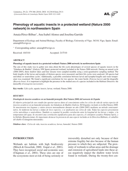 Phonology of Aquatic Insects in Protected Wetland Galicia