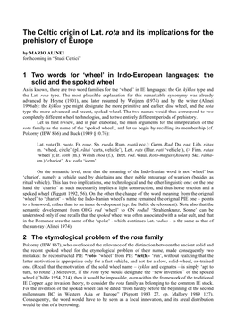 The Celtic Origin of Lat. Rota and Its Implications for the Prehistory of Europe by MARIO ALINEI Forthcoming in “Studi Celtici”