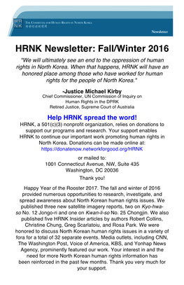 HRNK Newsletter: Fall/Winter 2016 