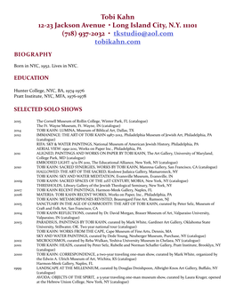 Tobi Kahn 12-23 Jackson Avenue • Long Island City, N.Y. 11101 (718) 937-2032 • Tkstudio@Aol.Com Tobikahn.Com