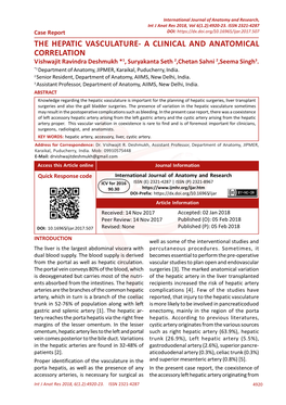 THE HEPATIC VASCULATURE- a CLINICAL and ANATOMICAL CORRELATION Vishwajit Ravindra Deshmukh *1, Suryakanta Seth 2,Chetan Sahni 2,Seema Singh3