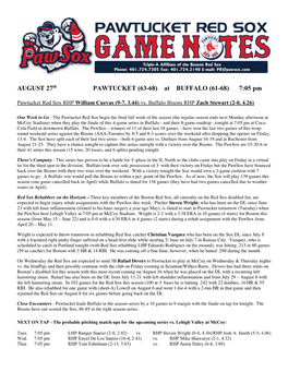 AUGUST 27Th PAWTUCKET (63-68) at BUFFALO (61-68) 7:05 Pm