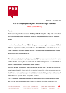 Call to Europe Speech by PES President Sergei Stanishev