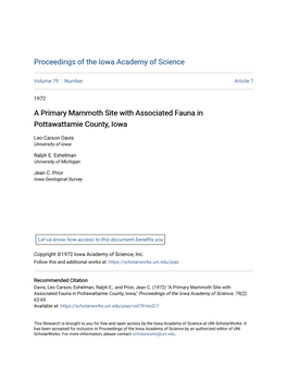 A Primary Mammoth Site with Associated Fauna in Pottawattamie County, Iowa