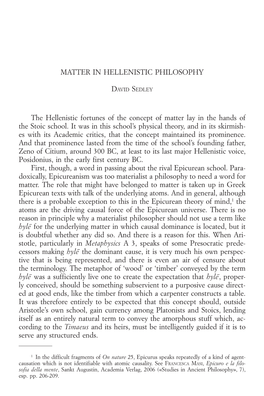 Matter in Hellenistic Philosophy