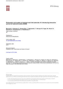 Photometry and Models of Selected Main Belt Asteroids: IX