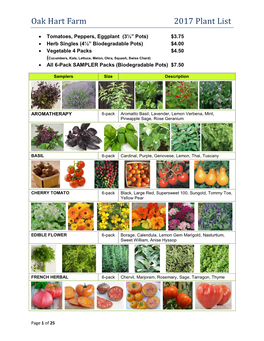 Oak Hart Farm 2017 Plant List