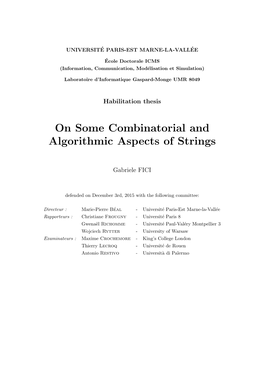 On Some Combinatorial and Algorithmic Aspects of Strings