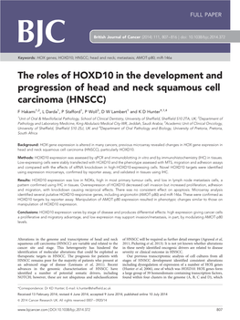 The Roles of HOXD10 in the Development and Progression of Head and Neck Squamous Cell Carcinoma (HNSCC)