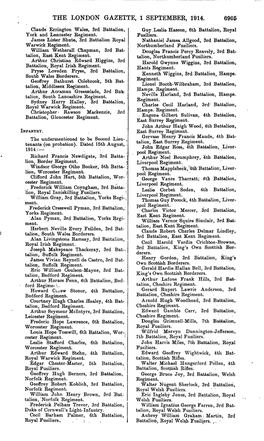 THE LONDON GAZETTE, 1 SEPTEMBER, 1914. 6905 Claude Errington Wales, 3Rd Battalion, Guy.Leslie Hazeon, 6Th Battalion, Royal York and Lancaster Regiment