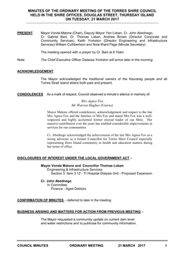 Minutes of the Ordinary Meeting of the Torres Shire Council Held in the Shire Offices, Douglas Street, Thursday Island on Tuesday, 21 March 2017 ______